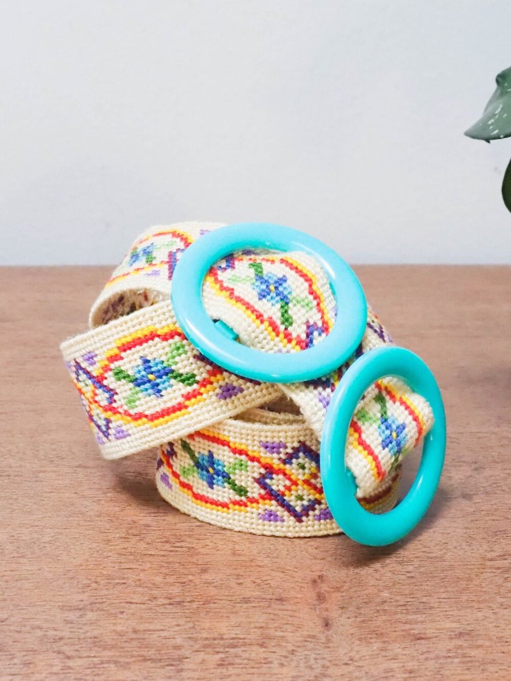 Fabric Cross stitch Belt - Vtg Needlepoint Belt - Vintage Rainbow Pattern Belt